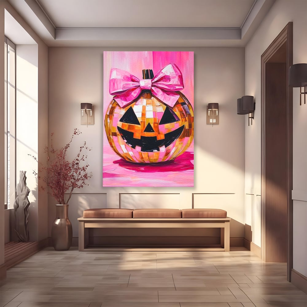 Tablou canvas cu tablou canvas cu dovleac roz si fundita, fara rama, pe sasiu de lemn